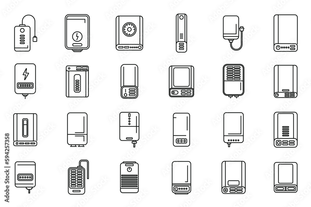 Power bank icons set outline vector. Battery charge. Computer device