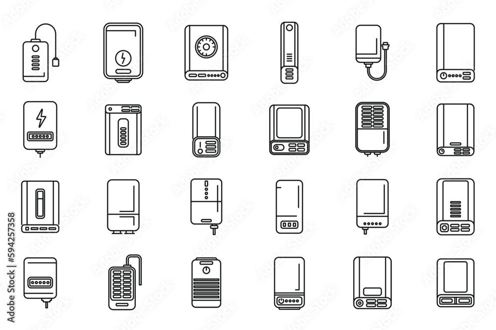 Power bank icons set outline vector. Battery charge. Computer device Power bank icons set outline vector. Battery charge. Computer device