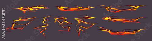 Volcano lava crack texture effect in ground vector. Broken earth with magma glow top view isolated on dark background. Destruction on hell floor surface. Split fracture damage with orange burn element