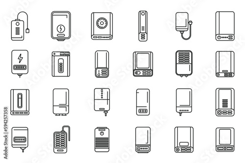 Power bank icons set outline vector. Battery charge. Computer device