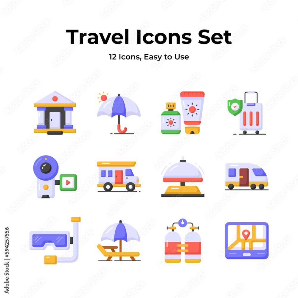 The ultimate travel icons pack featuring a camera, suitcase, and train, signifying exploration, guidance, photography, packing, and travel