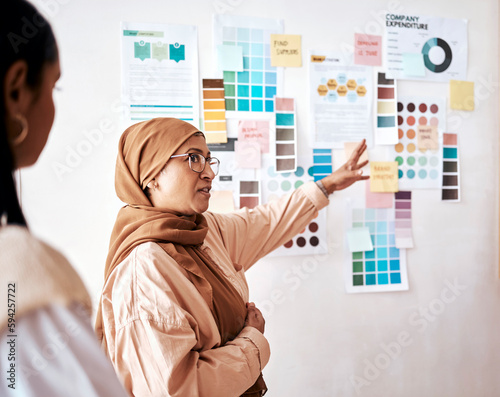 Planning, teamwork and presentation with a business muslim woman talking to her team in the office. Creative, strategy and collaboration with a female manager teaching or coaching an employee group