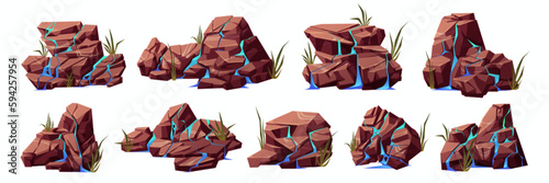 Cartoon set of water streams on cracked stone surface. Vector illustration of jungle waterfalls. Blue river cascade on mountain cliff isolated on white background. Tropical nature design elements