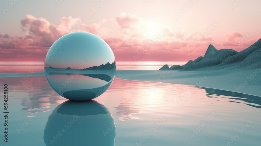 abstract minimalist background, nordic futuristic landscape, fantastic tranquil seascape with calm water, round mirror disk and pastel blue gradient sky. Fantasy scene. Generative AI.