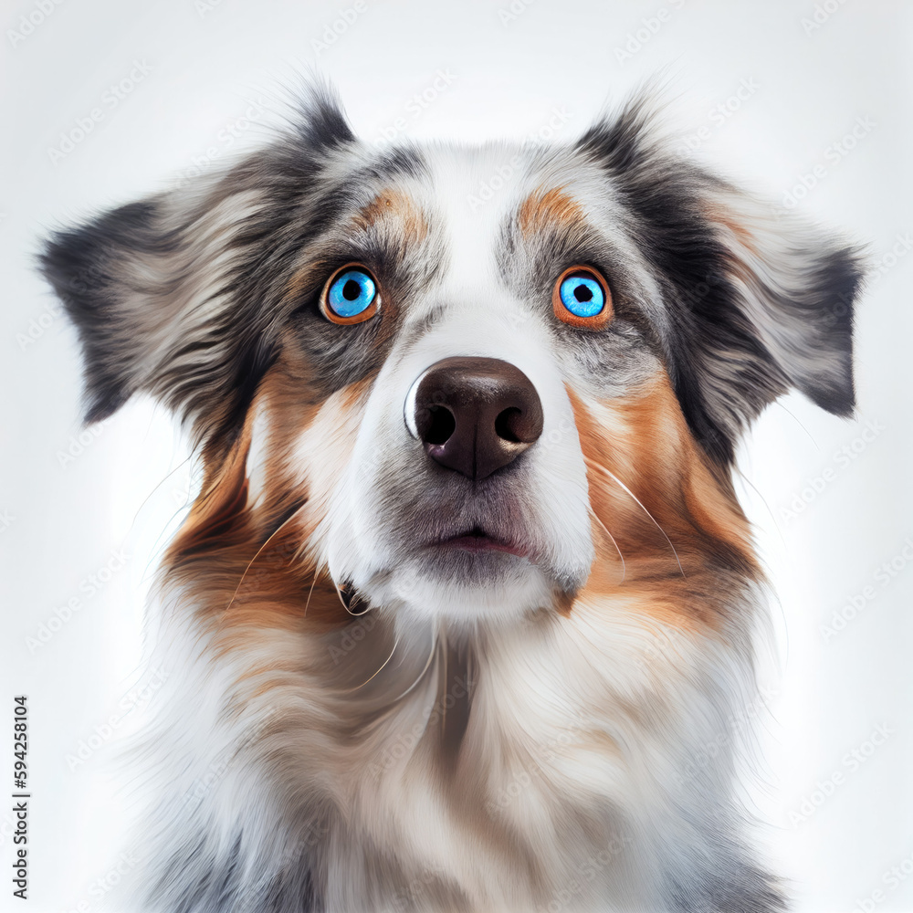 Fototapeta premium Adult Australian Shepherd dog portrait isolated on white background. Generative AI. 