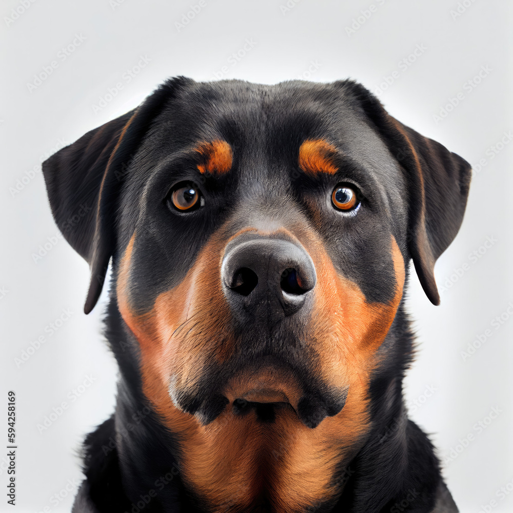 Adult Rottweiler dog portrait isolated on white background. Generative AI. 