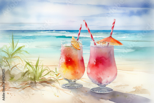 Two refreshing tequila sunrise cocktails on a summer beach watercolour painting. Generative AI