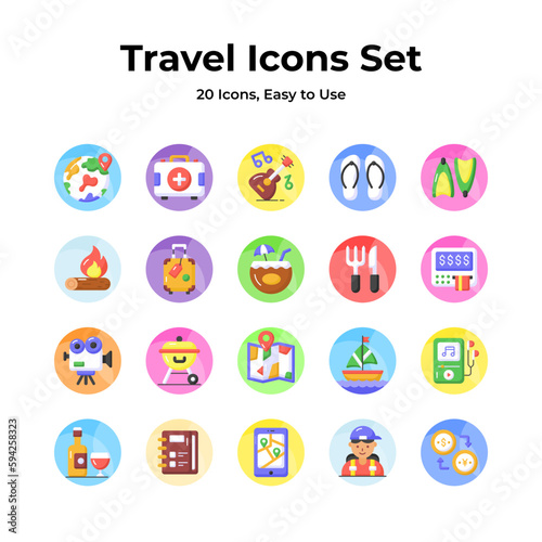 A versatile travel icons kit with a globe, camera, suitcase, and map, representing wanderlust, direction, memories, mobility, and adventure