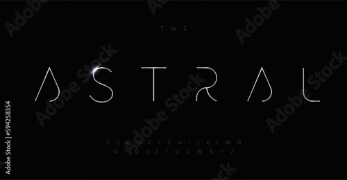 Astral space alphabet, innovative progressive sans serif letters, elegant futuristic font for sci-fi and hi-tech modern logo, title, headline. Contemporary typography, thin sleek typographic design