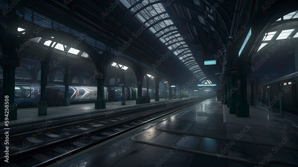  An empty Rail station Dark theme night time Cinematic light. Generative AI