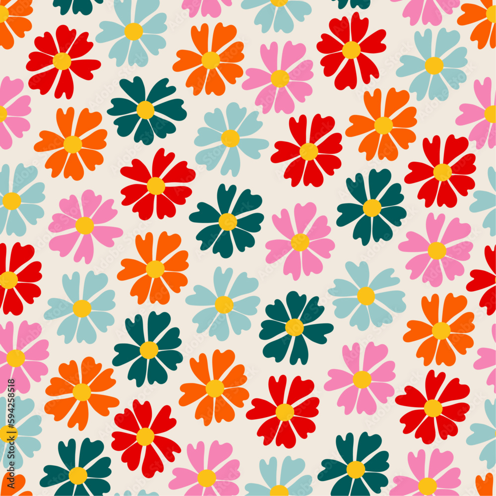 Cute colorful daisies. Simple seamless pattern with flowers. Botanical fun background. Summer floral print. Hand drawn daisy. Cute colorful daisies. Simple seamless pattern with flowers. Botanical fun background. Summer floral print. Hand drawn daisy.