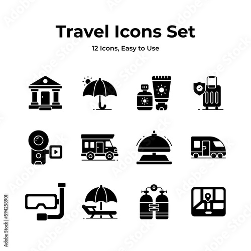 The ultimate travel icons pack featuring a camera, suitcase, and train, signifying exploration, guidance, photography, packing, and travel