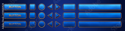 Blue ui vector button animation for game interface cartoon set. Hover banner gold frame design isolated on dark background. Arrow, circle and signboard label for player menu. Log bar click collection