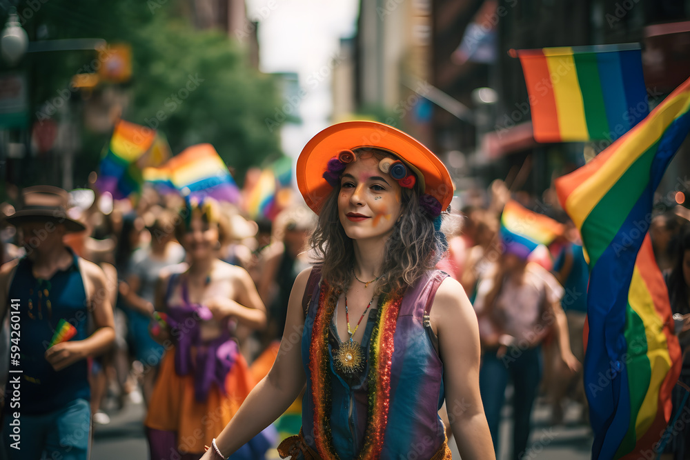vibrant and energetic shot of a group of people marching in a colorful LGBTQ parade, waving flags and holding signs ai generated art