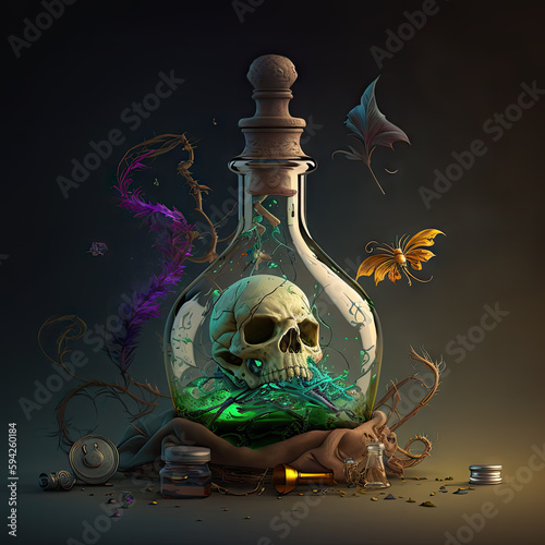 Glass poison flask with skull and green liquid inside staying on dry tree branches. Small bottles, yellow insect, purple feather around. pharmaceutical, chemistry, medical, old science. AI generative photo