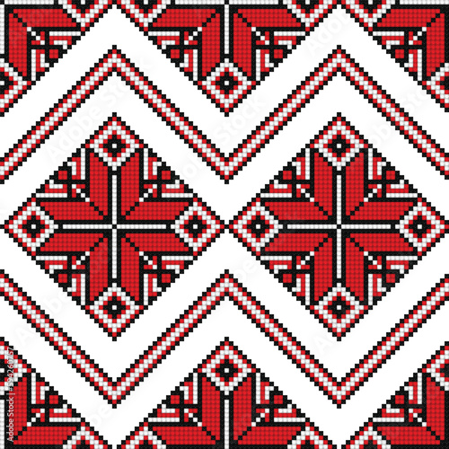 Cross-Stitch EmbroideriedSeamless Pattern with Ornate Element. Ethnic Motif, Handmade Stylization. Traditional Ukrainian Red and Black Embroidery. Ethnic Design Element. Vector 3d Illustration
