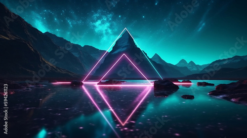 Futuristic minimalist. Abstract neon background with rhombus geometric shape, square frame and extraterrestrial landscape under the night sky. Rocks and water reflection. Generative AI.