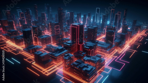 Abstract neon city at night with red blue glowing lights  background. Geometric shapes and lines. Generative AI.