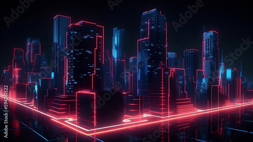 Abstract neon city at night with red blue glowing lights  background. Geometric shapes and lines. Generative AI.