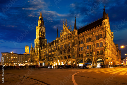 Marienplatz central square illuminated at night with New Town Hall (Neues Rathaus) - a famous tourist attraction. Munich, Germany
