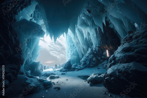 Cave with ice formations and a stream of water inside of it. Generative AI