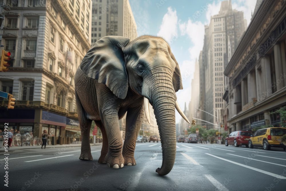 Big elephant walking through New York. Generative AI