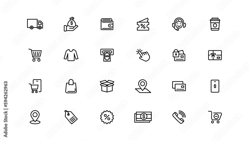 Shopping and retail line icons set. E-Commerce and retail outline icons collection. Shopping, gifts, store, shop, delivery, marketing, store, money, price Shopping and retail line icons set. E-Commerce and retail outline icons collection. Shopping, gifts, store, shop, delivery, marketing, store, money, price