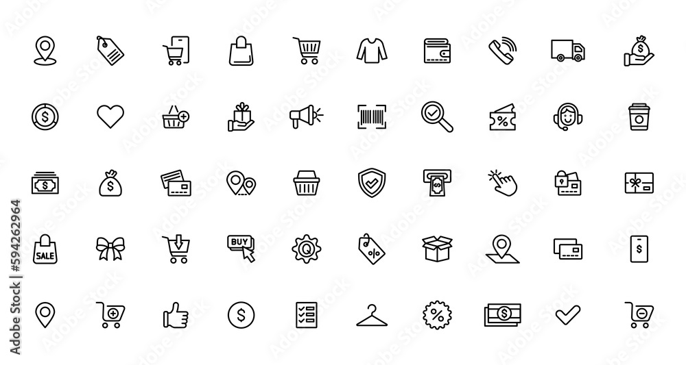 Shopping and retail line icons set. E-Commerce and retail outline icons collection. Shopping, gifts, store, shop, delivery, marketing, store, money, price