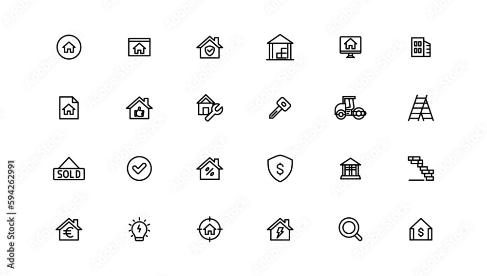 Real Estate minimal thin line web icon set. Included the icons as realty, property, mortgage, home loan and more. Outline icons collection Real Estate minimal thin line web icon set. Included the icons as realty, property, mortgage, home loan and more. Outline icons collection