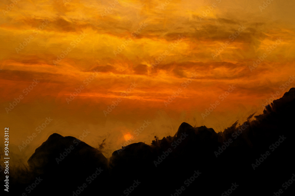Digital painting of sunset silhouettes of trees at the Roaches in the Peak District National Park.