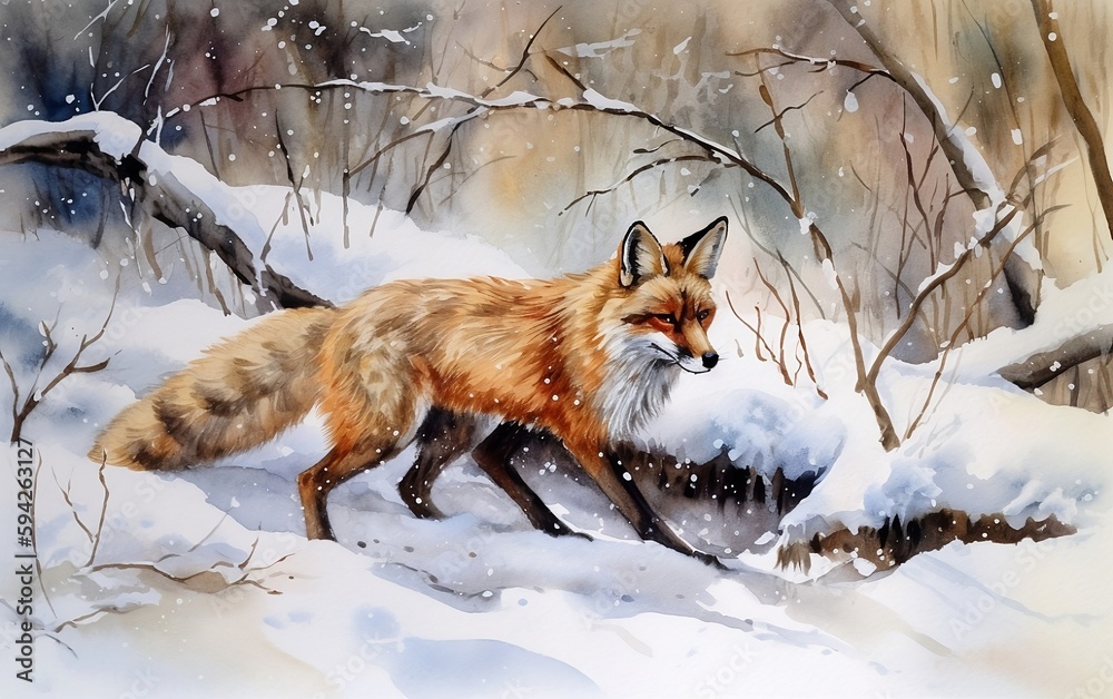 Fototapeta premium Red fox running in the snow. Generative AI technology.