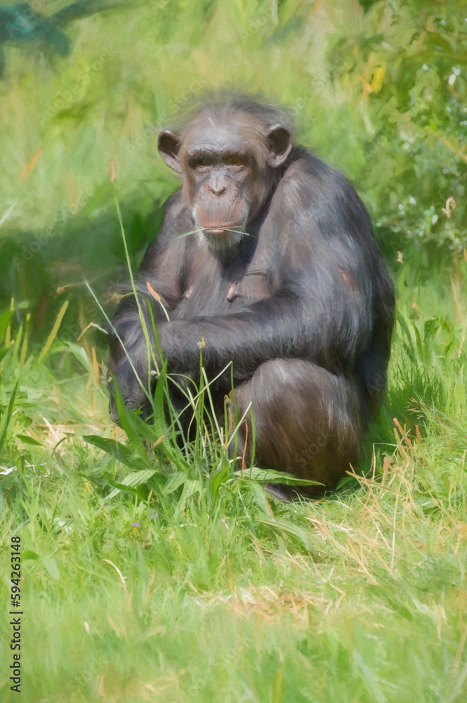 Digital painting of a single isolated Chimpanzee in captivity. Digital painting of a single isolated Chimpanzee in captivity.