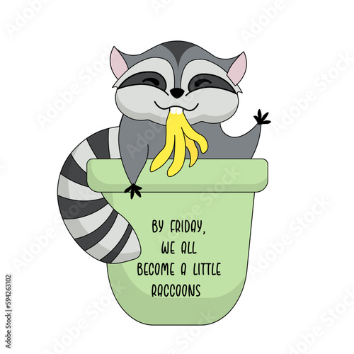 Icon sticker funny, there is a cunning raccoon in the trash. Cartoon. Vector. Characters. Isolated objects