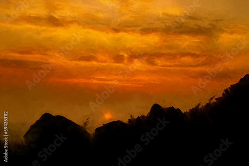 Digital painting of sunset silhouettes of trees at the Roaches in the Peak District National Park.