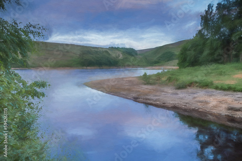 Digital painting of the reservoir at Upper Goyt Valley, Derbyshire within the Peak District National Park.