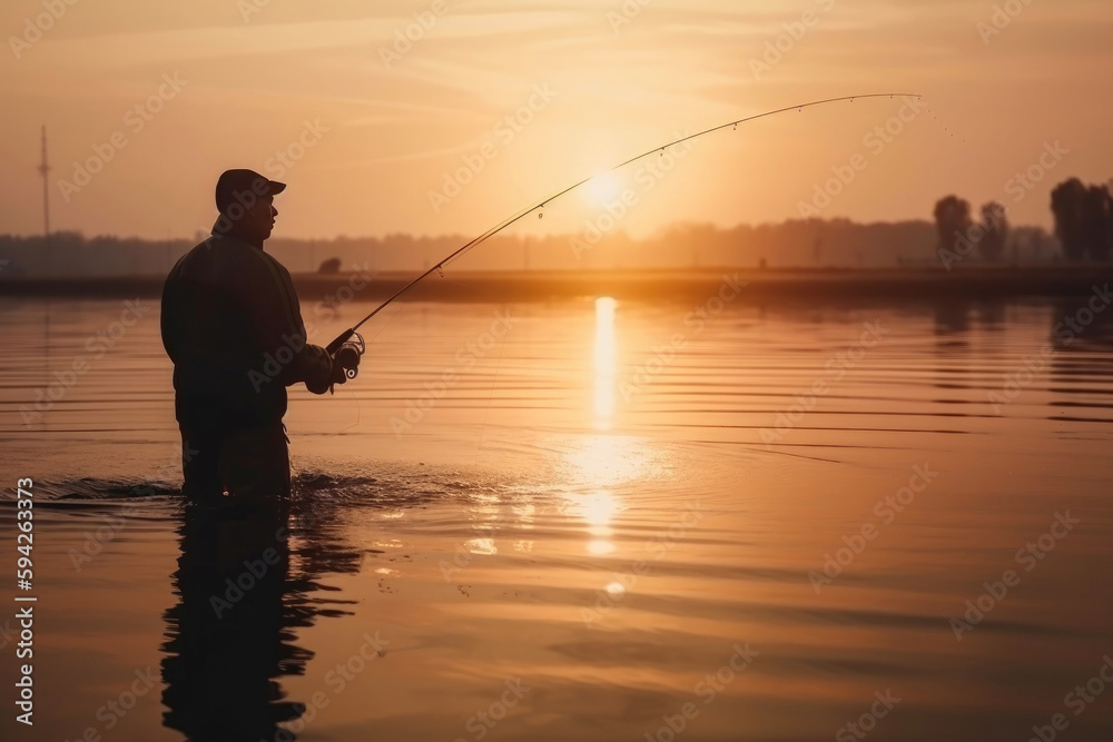 Young man fishing on a lake at sunset and enjoying hobby. Generative AI