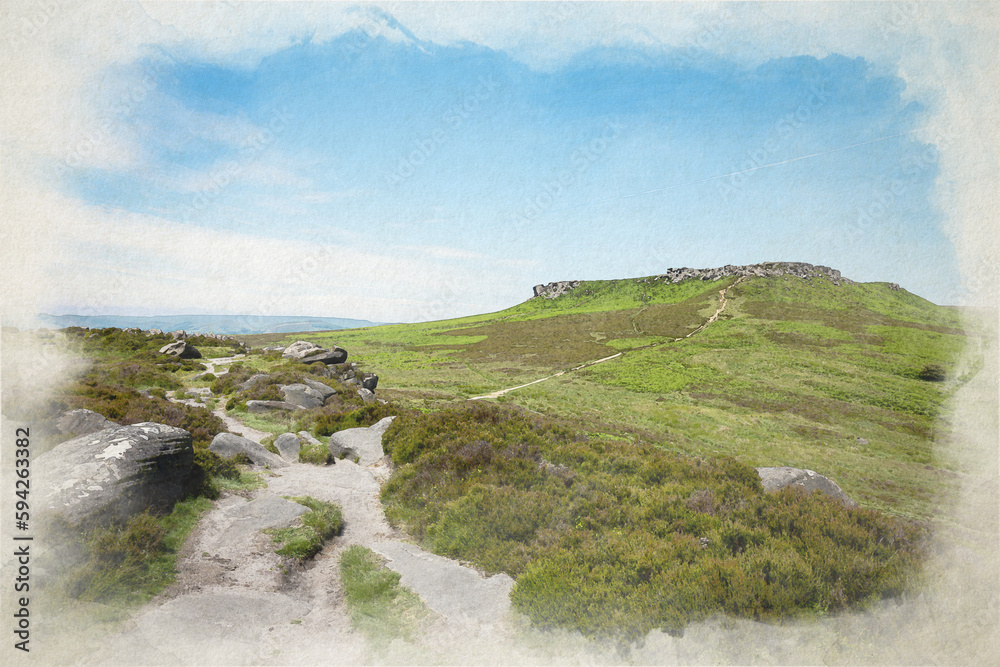 Higger Tor digital watercolour painting as viewed from Carl Wark in the Peak District National Park, Derbyshire.