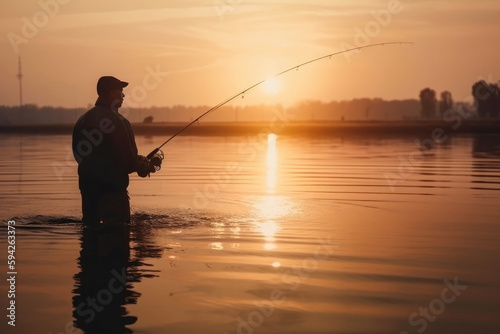 Young man fishing on a lake at sunset and enjoying hobby. Generative AI