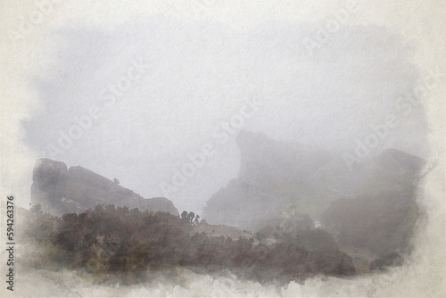 Panoramic digital watercolour painting of The Roaches at sunrise in the Peak District National Park.