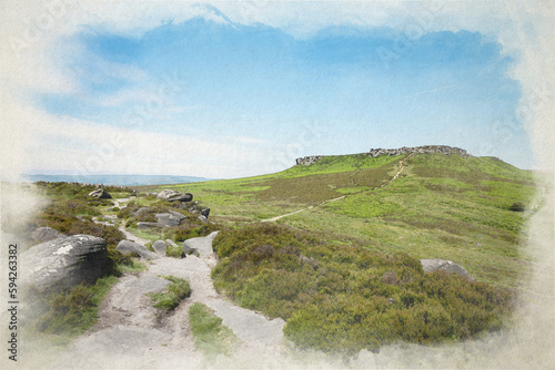 Obraz na plátně Higger Tor digital watercolour painting as viewed from Carl Wark in the Peak District National Park, Derbyshire