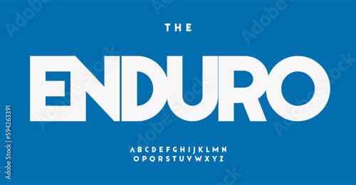 Enduro alphabet, simple bold sans serif letters, versatile sport font for professional athletic, gym, adventure, sporty logo, emphasis powerful headline, contemporary typography, robust typographic