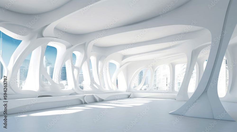 Organic Architectural Wonderland: Embrace the Abstract - Empty, Bright Room Featuring Fluid Shapes & Vibrant Color Accents for Modern Design Lovers. Generative AI