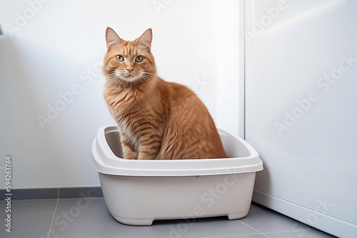 Domestic cat sitting in litter box. 