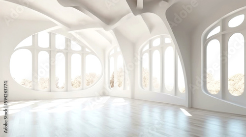 Organic Architectural Wonderland  Embrace the Abstract - Empty  Bright Room Featuring Fluid Shapes   Vibrant Color Accents for Modern Design Lovers. Generative AI