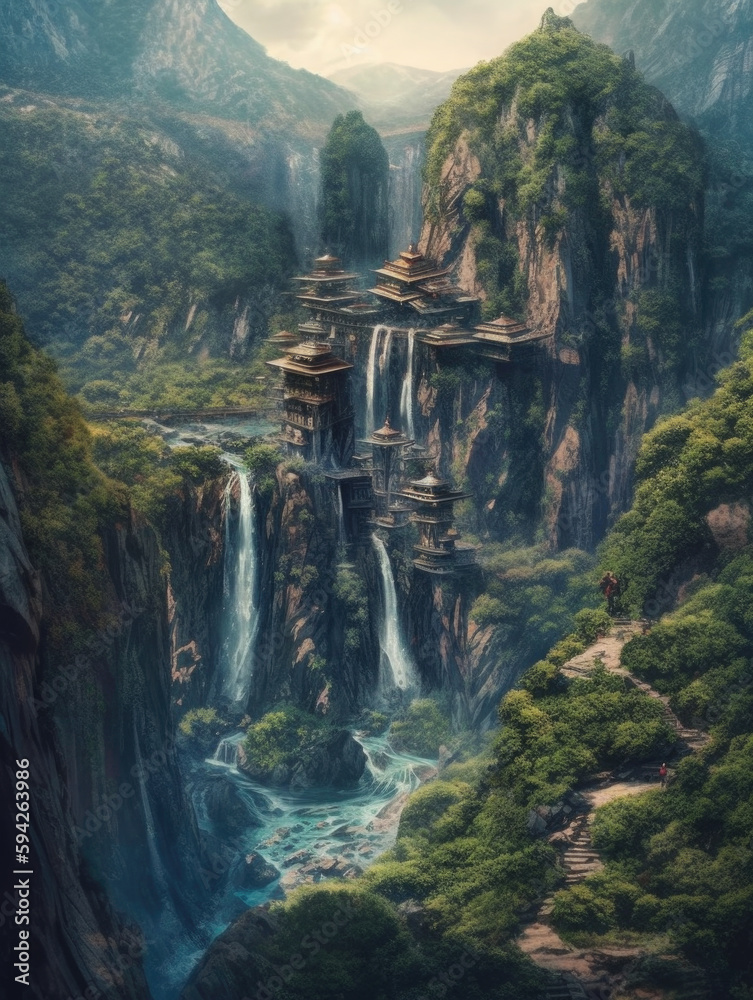 Fototapeta premium Painting of a waterfall in the middle of a mountain. Generative AI
