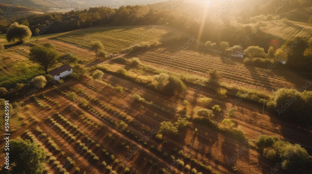 Fototapeta premium Aerial view of an agricultural field at sunset. Generative AI