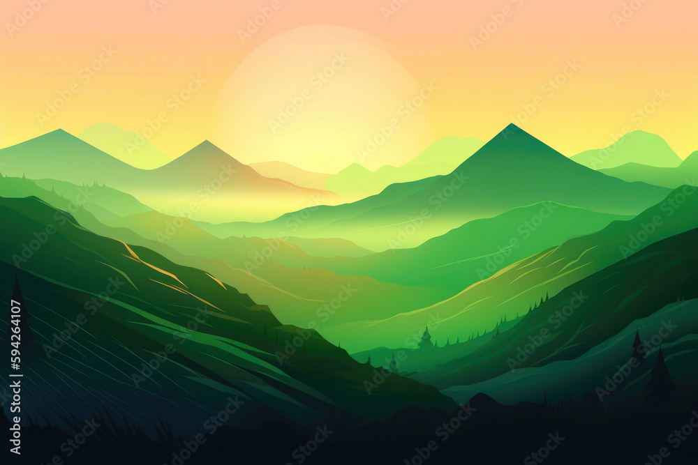 Sunrise Landscape with mountain. Peaceful Contemporary Background with green Gradient Sky. Generative AI
