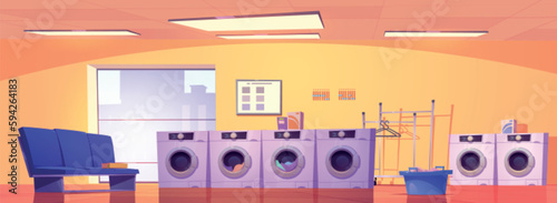 Industrial clean laundry room service cartoon vector background. Clean public laundromat interior in hotel with basket for clothes, dryer and detergent. Modern equipment for housekeeping illustration