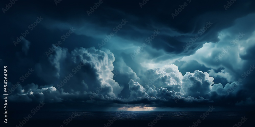 Obraz premium Lack dark blue night sky. White cumulus clouds. Moonlight, starlight. Digital composition, Background. Astrology, astronomy, science fiction, fantasy, dream. Storm front. Generative AI