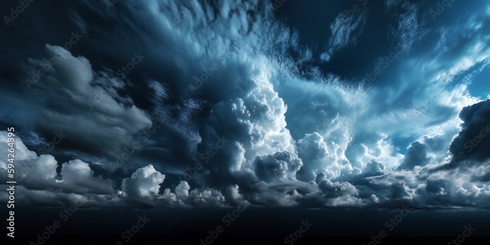 Fototapeta premium Lack dark blue night sky. White cumulus clouds. Moonlight, starlight. Digital composition, Background. Astrology, astronomy, science fiction, fantasy, dream. Storm front. Generative AI